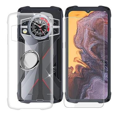 Imagem de Ikiiqii Capa de telefone para Cubot Kingkong 9 (6,5 polegadas) + vidro temperado, capa à prova de choque, capa transparente de silicone macio antiarranhões + protetor de tela com suporte de anel de telefone ajustável 360° - transparente