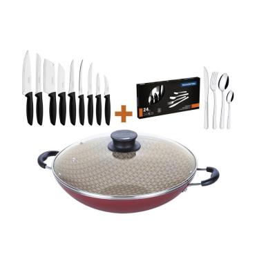 Imagem de Kit - Panela Wok 6l 36 Cm Vermelho + 1 Conjunto Facas 9pç + 1 Faqueiro Inox 24pç - Tramontina