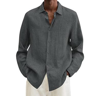 Imagem de Camisa masculina de verão algodão linho sólido casual plus size camisa solta masculina gola virada para baixo manga longa camisas de trabalho personalizadas, Cinza escuro, G