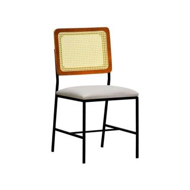 Imagem de Cadeira Lyon Metal Encosto Anatômico Telinha Natural Assento Estofado - Preto-amêndoa Linho Bege