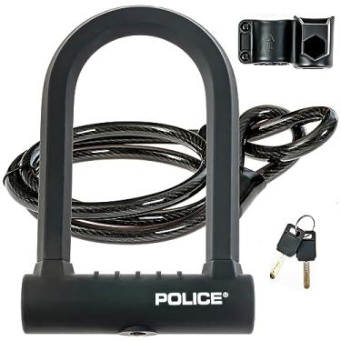 Imagem de POLICE Trava de bicicleta U-Lock com chave, trava em U para bicicletas, trava para scooters, equipamento ao ar livre cadeado de bicicleta revestido de silicone com cabo resistente preto