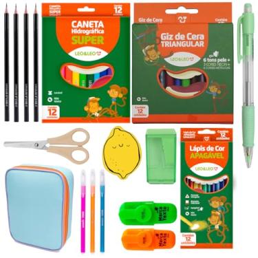Imagem de Kit Material Escolar Completo com 49 Itens e Estojo Com Estojo Duplo - Leo e Leo (Azul)