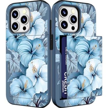 Imagem de IWONE Capa compatível com iPhone 15 Promax fofa com porta-cartões Slim Slot Phone 15 Pro Max capa carteira para mulheres/flores azuis floral sem costura folhas de hibisco gráfico