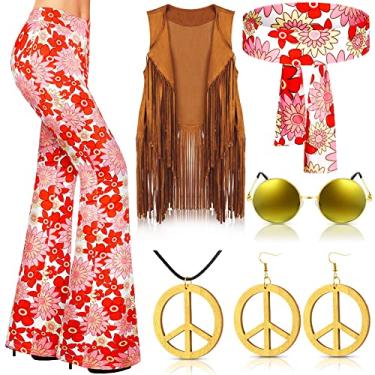 Imagem de Haull Conjunto de 7 peças de roupas femininas hippie discoteca dos anos 60, 70, conjunto de fantasia de Halloween, calça rodada, colete com franja, sinal de paz, Multicor, Large