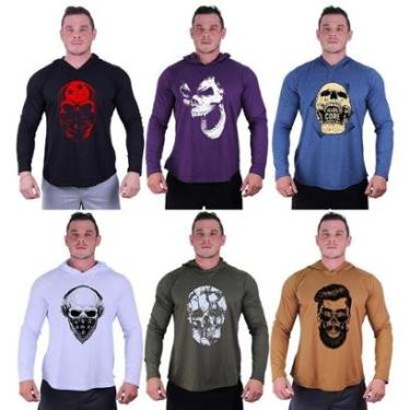 Imagem de Kit 6 Camisetas Manga Longa com Touca Longline Estampada Treino Academia Lazer Casual-Masculino