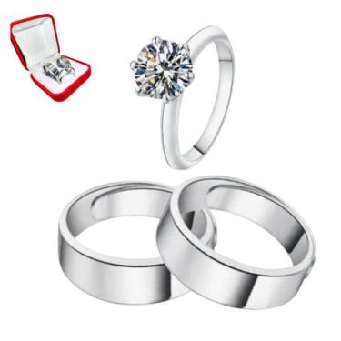 Imagem de Par Alianças Prata Namoro 6mm Reta + Anel Solitário 2mm Prata Pedra Br