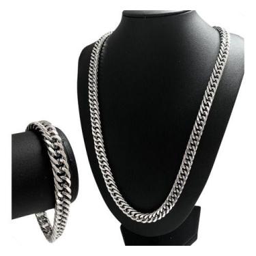 Imagem de Cordão Corrente Elo Duplo Prata Aço Inox C/ Pulseira Combo - ALRA SEMI