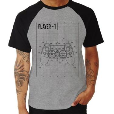 Imagem de Camiseta Raglan Player 1 Controle Joystick - Foca na Moda, Cinza, Pret