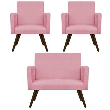 Imagem de Kit Namoradeira e 02 Poltronas Arenzza Palito Tabaco Suede Rosa Bebê -