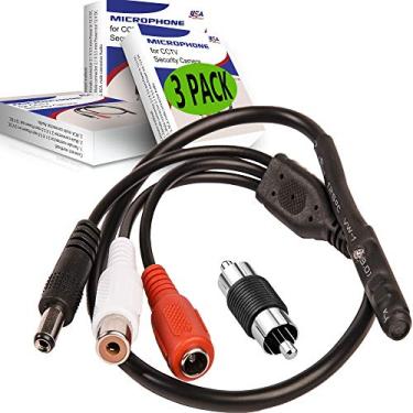Imagem de USA Sales Group Microfone CCTV com pré-amplificador, saída de áudio RCA, 12V DC — ganho ajustável — para câmeras DVR/NVR e IP (pacote com 3)