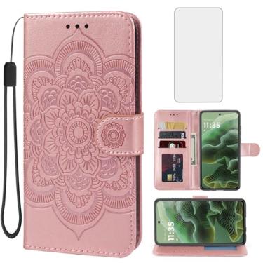 Imagem de Bohefo Capa para Moto G35, capa carteira Motorola G35 5G com protetor de tela de vidro temperado, capa flip de couro mandala, suporte para cartão de crédito, capa para celular Motorola Moto G35 ouro