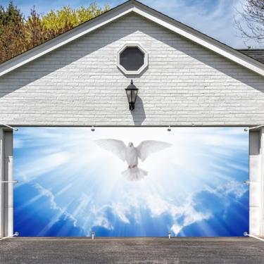 Imagem de Leowefowa 4,9 x 2,1 m Poliéster Holy Heaven Capas de porta de garagem branca pomba da paz luz brilhante céu paraíso porta de garagem Buddy banner mural para decoração de casa ao ar livre parede