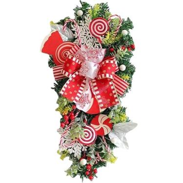 Imagem de Guirlandas de Natal para porta, guirlanda de bengala doce vermelha e branca, gota, cana-de-doce, decoração de Natal, guirlanda de Natal com enfeites de bola de Natal para decoração interna e externa