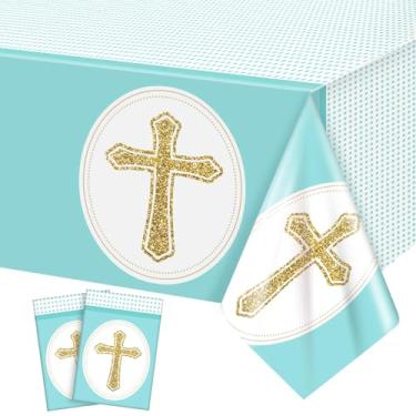 Imagem de Oudain 2 peças de toalhas de mesa com cruz de batismo, capas de mesa reveladoras de gênero para chá de bebê, batizado, formatura da escola dominical, decoração de festa de Deus e primeira comunhão
