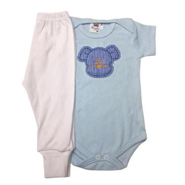 Imagem de Conjunto Body e Calça Bebe Kit 2 Peças Menino Mijaozinho Liso Vira Pé 