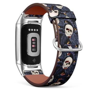 Imagem de Pulseira de couro de substituição para relógio Fitbit Charge 5 / Fitbit Charge 6 (flores de caveira gótica) para smartwatch para mulheres e homens