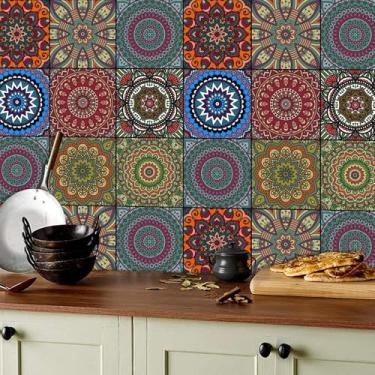 Imagem de HLNIUC Decalque de azulejo marroquino de 18 peças para decoração de cozinha, decalque de mosaico, adesivo de cozinha de 15 x 15 cm, adesivo de escada de mosaico à prova d'água, descasque e cole