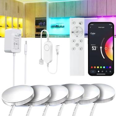 Imagem de YSRSAI Kit De 6 Luzes Redondas De Alumínio Com Wifi Rgb Para Armários, Compatível Com Alexa, Google Assistente, Aplicativo E Controle Remoto Rf 2.4G, Luz Led Com Sincronização Musical E Temporizador