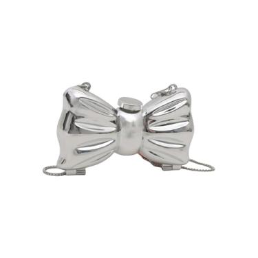 Imagem de QWINEE Mini bolsa clutch feminina em forma de laço para coquetel, noite, alça de corrente, mini bolsa transversal sólida para festa, Prata sólida, One Size
