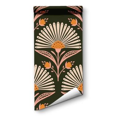 Imagem de Papel de parede destacável e cole - Papel de parede floral em forma de leque florescendo, papel de contato removível em preto design moderno para banheiro, quarto, sala de estar, decoração de