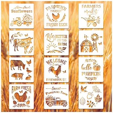 Imagem de 12 peças de estênceis de casa de fazenda para pintura em madeira, modelos de pintura de placas vintage para móveis de madeira, paredes, caminhões, animais de fazenda, kit de pintura DIY (15 x 15 cm)