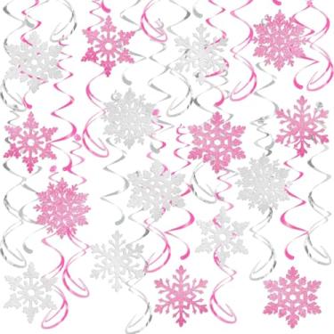 Imagem de 32 peças rosa prata glitter floco de neve pendurado redemoinhos decoração teto natal serpentinas decorativas flocos de neve ornamentos guirlanda férias inverno país das maravilhas suprimentos de festa congelados