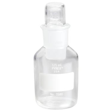 Imagem de Corning Garrafa cilíndrica de vidro borossilicato Pyrex 1580-125 125 ml de boca larga para amostra e reagente de armazenamento com tampa cônica padrão PYREX (caixa com 24)