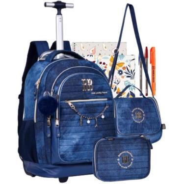Imagem de Kit Mochila Carrinho Jeans Rebecca Bonbon Lancheira E Estojo