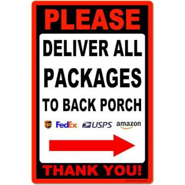 Imagem de WAGSUO Placa De Alumínio Metálico 12 X 16 Pol. Entregue Todos Os Pacotes Na Varanda Dos Fundos. Obrigado. Seta Para A Direita. Placas Personalizadas Entrega Ao Ar Livre Em Compósito Lata Quintal E C