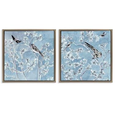 Imagem de Stupell Industries Conjunto de tela flutuante marrom cunhada pássaros sobre azul 2 peças de serenidade cunhada por Melissa Wang, 45,7 x 45,7 cm