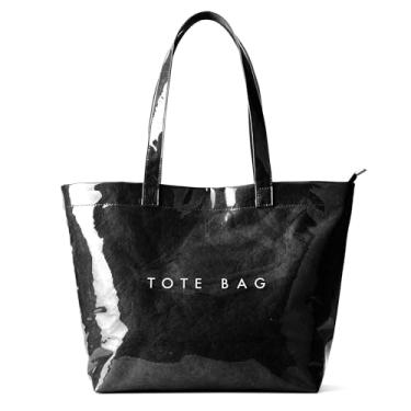 Imagem de KALIDI Sacola de PVC com zíper, bolsa de praia de papel kraft grande Hobo Carry All Travel Shopping Bolsa de ombro de plástico, Preto, Large