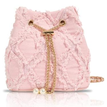 Imagem de Hkufpq Bolsas jeans femininas envelhecidas, jeans, baldes, acolchoadas, crossbody, bolsa de ombro pequena, bolsa de mão com cordão, rosa