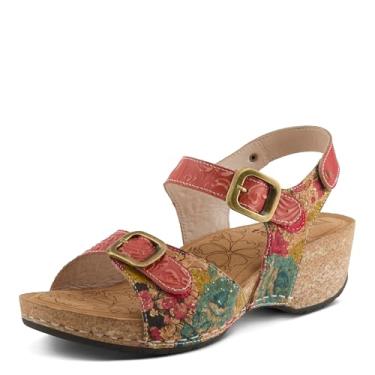 Imagem de L'Artiste Sandálias femininas de couro OSUNA com gancho e laço – Design floral de cortiça, alças ajustáveis, sola acolchoada de anabela, Vermelho Multi, 5.5-6