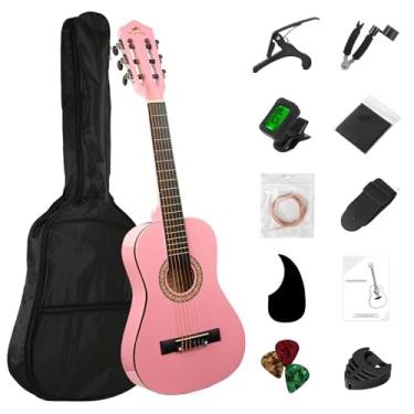 Imagem de BESYOU Kit básico de afinador de guitarra acústica para iniciantes de 76,2 cm, bolsa de afinador, capo, cordas enroladoras, palhetas de alunos/crianças, com bolsa de shows rosa