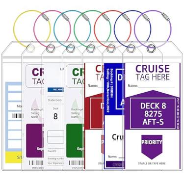 Imagem de Vavious Etiquetas de bagagem para navios de cruzeiro, pacote com 7 itens essenciais de cruzeiro, itens essenciais para carnaval, NCL, princesa e MSC PVC à prova d'água transparente porta-etiquetas de