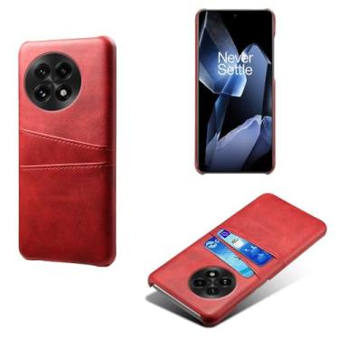 Imagem de Capas Compatível com Oneplus 13,Caso de couro PU-Tampa de telefone a prova de choque com 2 slots de cartão,Proteção anti-impressão digital e anti-gota-Red