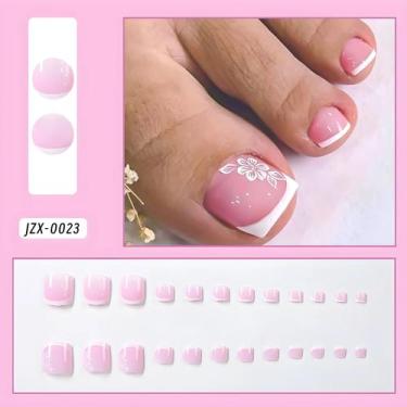 Imagem de Unhas Postiças Francesas Com Borda Branca E Flores, 24 Peças Curtas Qu