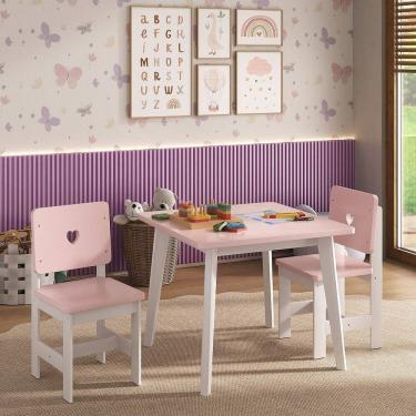 Imagem de Conjunto Infantil Mesa com 2 Cadeiras Madeira de Pinus Sofia branco / rosa