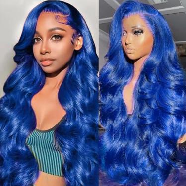 Imagem de Peruca frontal de renda azul cabelo humano densidade 200 peruca azul escuro 33 x 10 peruca frontal ondulada do corpo peruca frontal pré-arrancada HD peruca de cabelo humano sem cola 61 cm