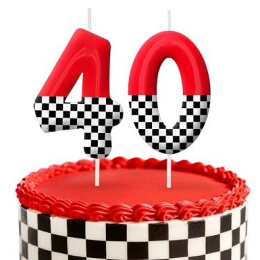 Imagem de Velas de aniversário de carro de corrida, decoração de topo de bolo de 6 cm, bandeira quadriculada número 40 velas, decorações de aniversário, decorações de bolo de festa de aniversário, suprimentos