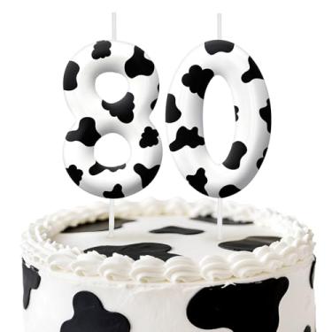 Imagem de Velas de aniversário de vaca, decoração de topo de bolo de 6 cm, número 80 velas, decorações de aniversário, decorações de bolo de festa de aniversário, suprimentos de festa