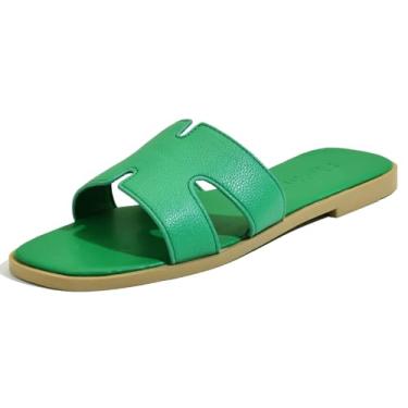 Imagem de Sandálias rasteiras femininas, chinelos de couro femininos, sapatos confortáveis e elegantes deslizantes elegantes verão outono primavera bonito bico aberto calçado casual, Verde, 41
