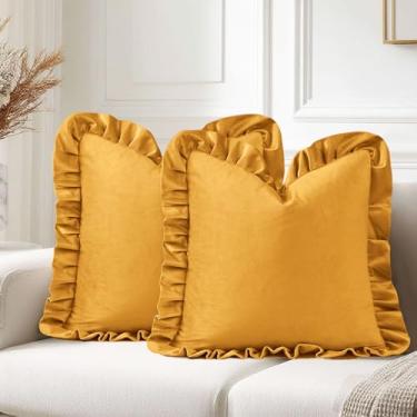 Imagem de JIUZHEN Capas de almofada douradas de veludo 40,6 x 40,6 cm para sofá, sala de estar, cama, pacote com 2 fronhas decorativas com babados
