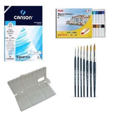 Imagem de Kit Papel Canson Aquarela+Aquarela Pentel 24 Cores HTP+Godê+Kit Pincei