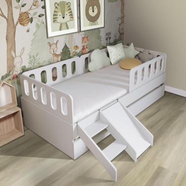 Imagem de Bicama Solteiro Com Escadinha/escorrega 03 Grades E Cabeceira Anatômica Removíveis Branco Housin