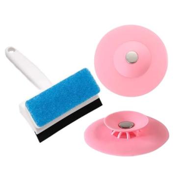 Imagem de Mini Rodo com Esponja + Tampa de Silicone para Ralo de Pia - Kit Limpeza 2 em 1 istoSim.