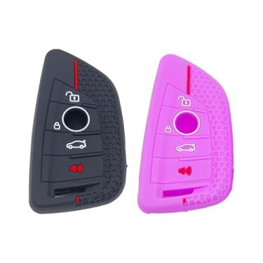 Imagem de LemSa 2 peças de capa de silicone para chave de carro sem chave para BMW 2 5 6 7 Series X1 X2 X3 X5 X6 GT Series, preto roxo