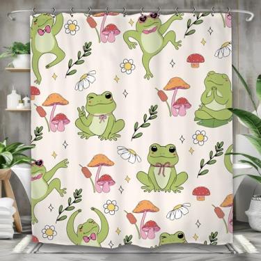 Imagem de Yookeb Cortina de chuveiro divertida e fofa sapo verde 152 cm por 188 cm cogumelo animal crianças adorável tecido de poliéster hilário 12 ganchos de plástico à prova d'água decoração