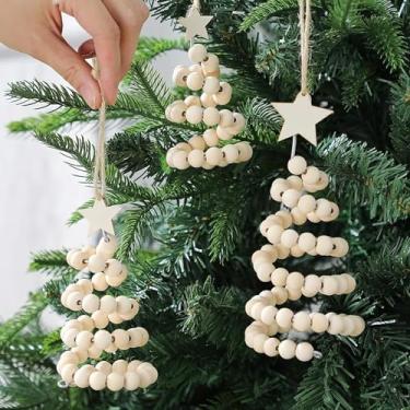 Imagem de Leinuosen 3 peças de enfeites de madeira de árvore de Natal rústica com contas de árvore de Natal estatueta centro de mesa boho contas penduradas de Natal decorações de madeira natural para casa