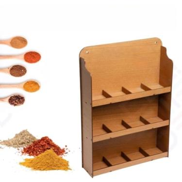 Imagem de Prateleira Porta Condimentos Suporte Em Madeira Porta Tempero de Parede 12 Potes de Plástico(GRANDE (SEM 12 POTES) Caramelo)